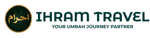 Ihram Travel logo with Arabic text in gold on black circle