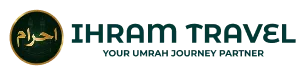 Ihram Travel logo with Arabic text in gold on black circle